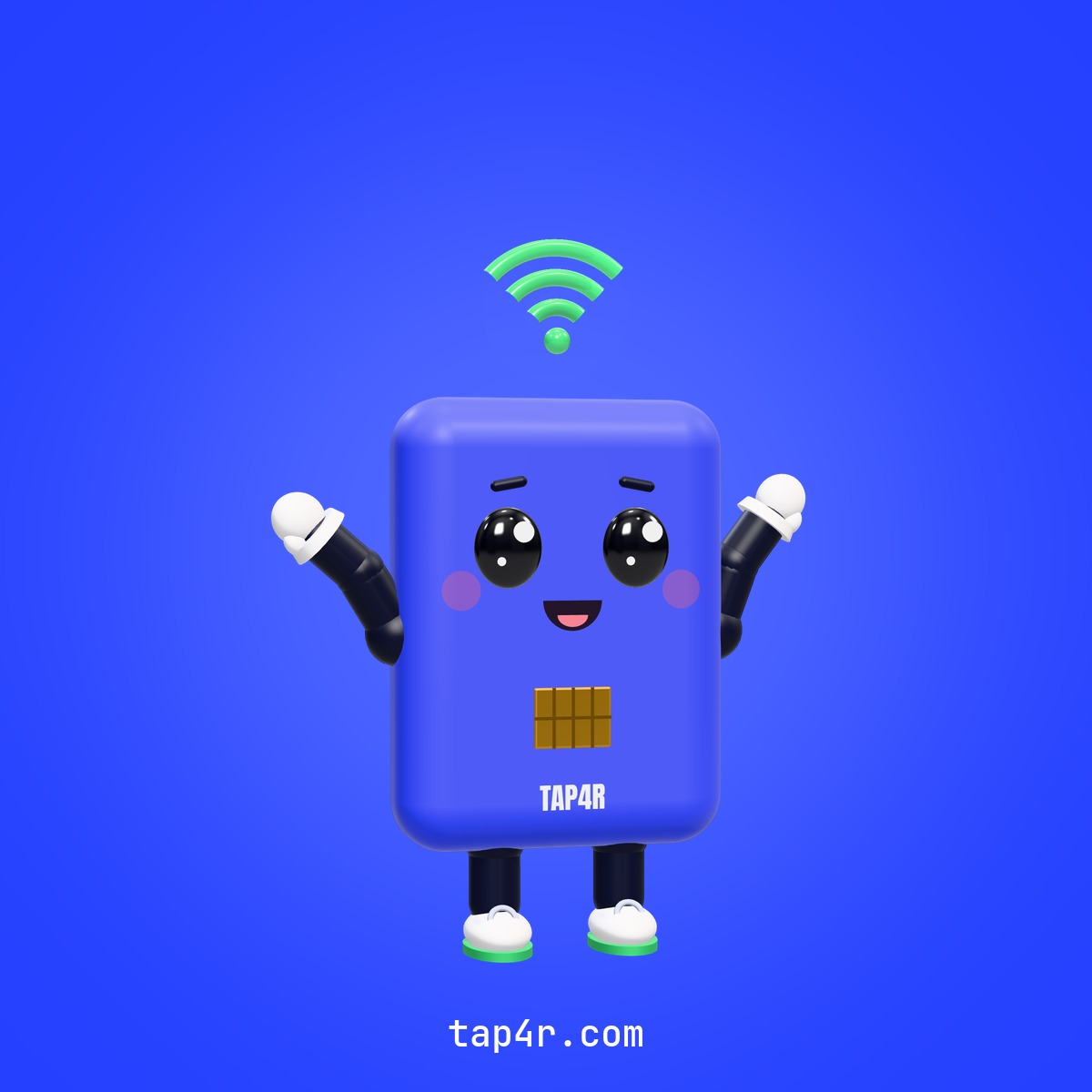 Tapi, la mascota de Tap4r: una tarjeta azul con chip, ojos y brazos, saludando